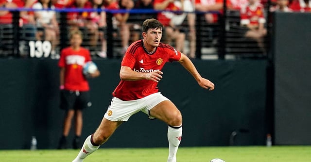 Jul 30, 2023; Las Vegas, Nevada, USA;  Manchester United defender Harry Maguire (5) moves the ball during the first half against Borussia Dortmund at Allegiant Stadium. Mandatory Credit: Lucas Peltier-USA TODAY Sports/File Photo