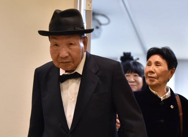 Iwao Hakamada (left) and his sister Hideko leave a press conference in Tokyo in 2019. Japanese prosecutors on Wednesday sought the death penalty in a retrial of Hakamada. Photo: AFP