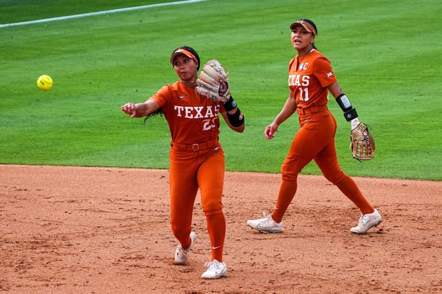 Texas Longhorns short stop Viviana Martinez (23) throws the ball to first during the NCAA Super Regional opener against Texas A&M at Red & Charline McCombs Field on Friday, May 24, 2024 in Austin.