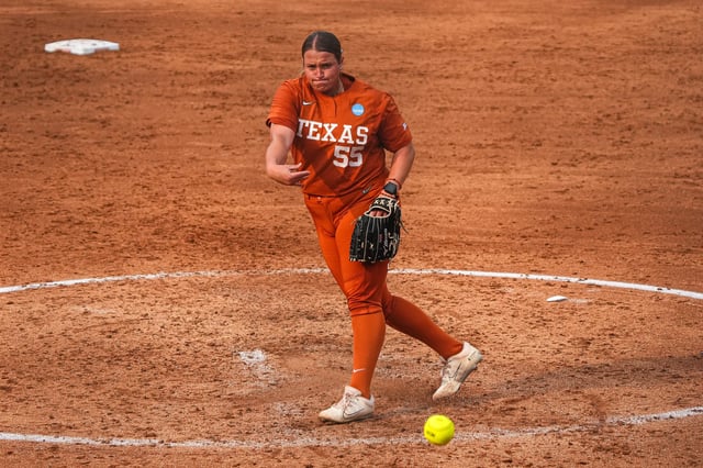 Texas Longhorns pitcher Mac Morgan (55) throws a pitch during the NCAA Super Regional opener against Texas A&M at Red & Charline McCombs Field on Friday, May 24, 2024 in Austin.