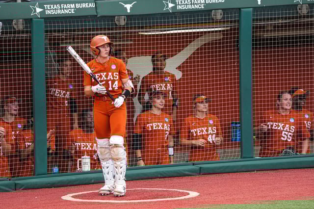 Texas Longhorns catcher Reese Atwood (14) gets ready to bat during the NCAA Super Regional opener against Texas A&M at Red & Charline McCombs Field on Friday, May 24, 2024 in Austin.