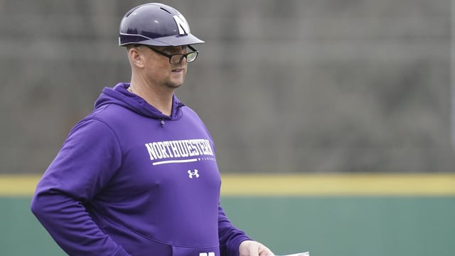 FILE - Northwestern head coach Jim Foster looks on from the third base box during an NCAA college baseball game against USC Upstate, Sunday, Feb. 26, 2023, in Spartanburg, S.C. Two former Northwestern assistant baseball coaches and director of baseball operations filed a lawsuit against the university Monday, Aug. 14, 2023, alleging their contracts were discontinued as retaliation for reporting misconduct in the program. Head baseball coach Jim Foster was fired July 13 amid allegations of bullying and verbally abusive behavior, three days after football coach Pat Fitzgerald was dismissed because of a hazing scandal. (AP Photo/Sean Rayford, File)