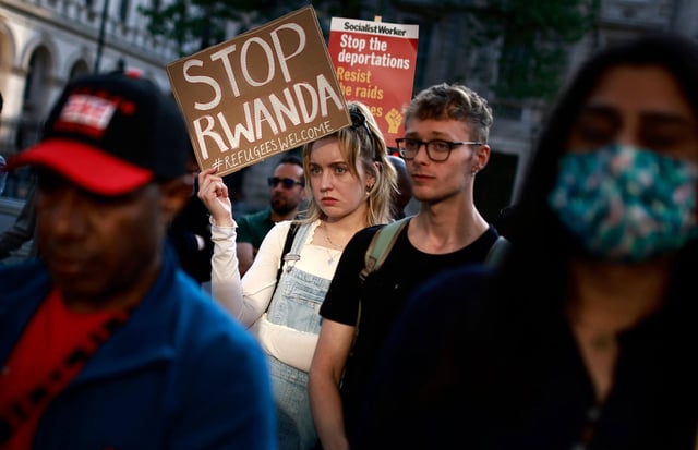 Demonstrators protest in London against the UK government’s Rwanda Bill, which seeks to deport asylum seekers to the east African country. Photo: AFP