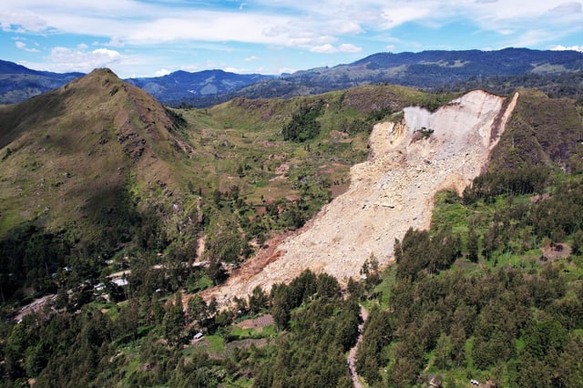 Drone footage released on May 28, 2024, shows the site of a landslide in the Mulitaka village in Papua New Guinea's Enga Province.