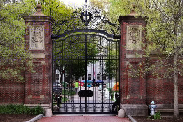 Cambridge, MA - May 9: The Johnston Gate at Harvard University remains closed with limited access as the tent city occupation at Harvard University continues. Pro-Palestine protesters remain in an encampment at Harvard Yard in protest of Harvard's investment in Israel.