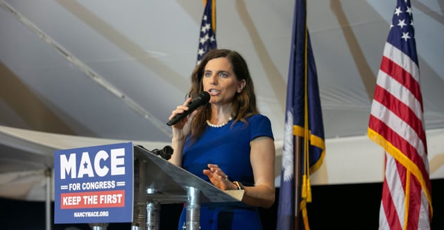 Rep. Nancy Mace, R-S.C.—seen here in Mt. Pleasant, South Carolina, after winning her Republican primary on June 14, 2022—is now in a slightly more Republican 1st Congressional District after partisan redistricting that was upheld by the U.S. Supreme Court. (Photo: Allison Joyce/Getty Images)