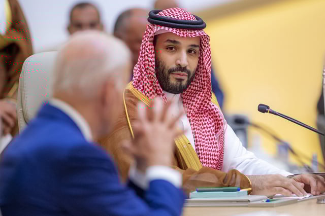 Saudi Arabian Crown Prince Mohammed bin Salman meeting with President Biden in Jeddah on July 16, 2022.