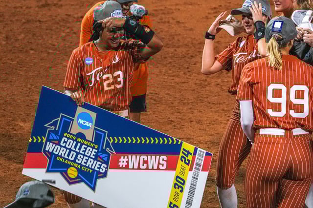 Texas Longhorns short stop Viviana Martinez (23) holds the ticket to the 2024 NCAA College Softball World Series after the 6-5 game three win over Texas A&M at Red & Charline McCombs Field on Sunday, May 26, 2024 in Austin.