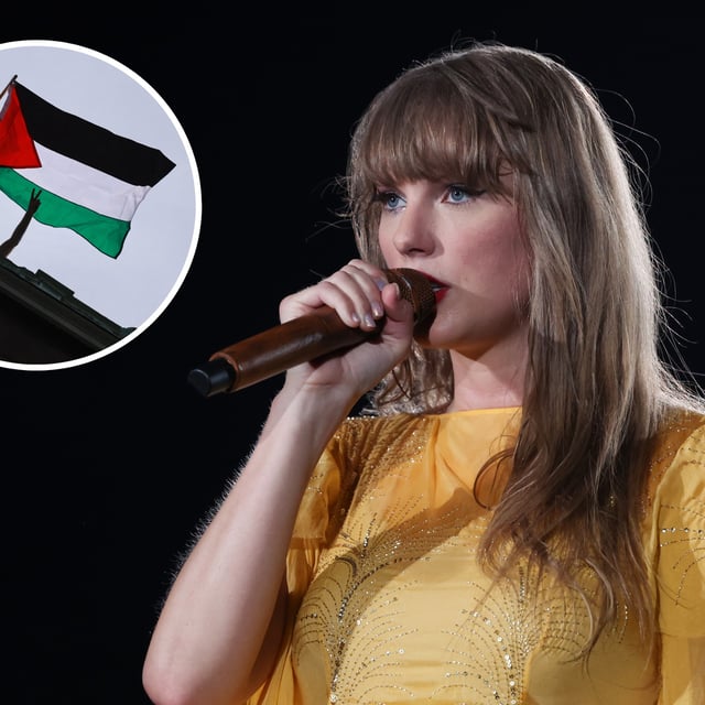 Main: Taylor Swift performs at Friends Arena on May 17, 2024 in Stockholm, Sweden. Inset: A person waves a Palestinian flag as Pro-Palestinian student protestors demonstrate outside of Columbia University in New York on April 30, 2024. #SwiftiesForPalestine are asking the singer to speak out on behalf of civilians in the Gaza Strip.