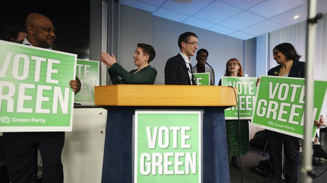 Carla Denyer and Adrian Ramsay, co-leaders of the Green Party of England and Wales, at their local election campaign launch in Bristol, April 4, 2024 (Press Association via AP Images).