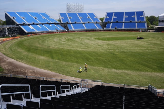 Work continues on a temporary stadium constructed for the Cricket World Cup in East Meadow, N.Y., on May 8, 2024. 