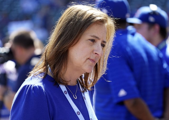 CHICAGO, ILLINOIS - SEPTEMBER 18: Laura Ricketts, co-owner of the Chicago Cubs stands on the field prior to a game between the Chicago Cubs and the Colorado Rockies at Wrigley Field on September 18, 2022 in Chicago, Illinois. (Photo by Nuccio DiNuzzo/Getty Images)