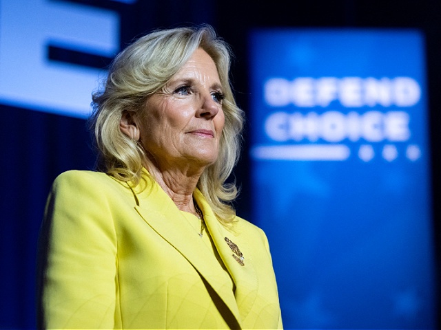 US First Lady Jill Biden speaks during a campaign rally to Restore Roe at Hylton Performing Arts Center in Manassas, Virginia, on January 23, 2024. Protesters chanting slogans against Israel's offensive in Gaza repeatedly interrupted US President Joe Biden on Tuesday during an election campaign event to promote abortion rights. (Photo by SAUL LOEB / AFP) (Photo by SAUL LOEB/AFP via Getty Images)