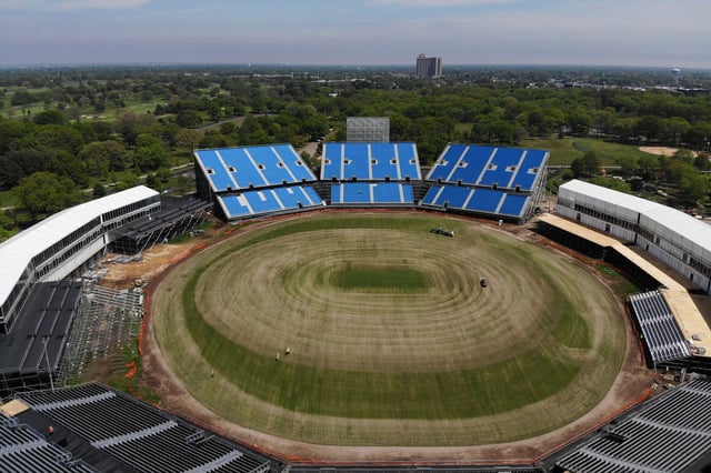 A temporary stadium is being constructed for the Cricket World Cup in East Meadow, New York, as seen on May 8.