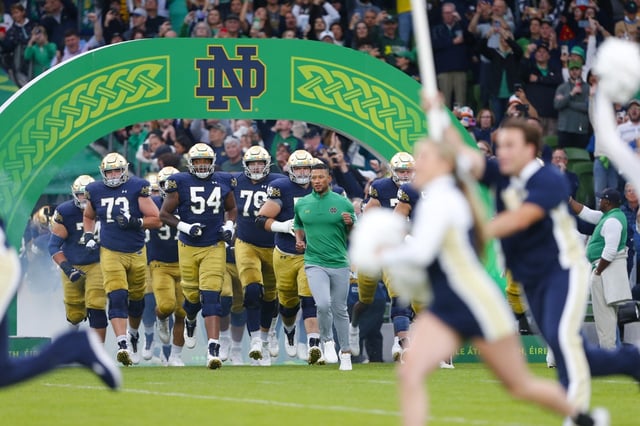 DUBLIN, IRELAND - AUGUST 26: Fighting Irish come out of the tunnel and onto the field of play during the Aer Lingus College Football Classic between the Navy Midshipmen and the Notre Dame Fighting Irish on August 26, 2023, at Aviva Stadium in Dublin, Ireland. (Photo by Peter Fitzpatrick/Action Plus/Icon Sportswire)