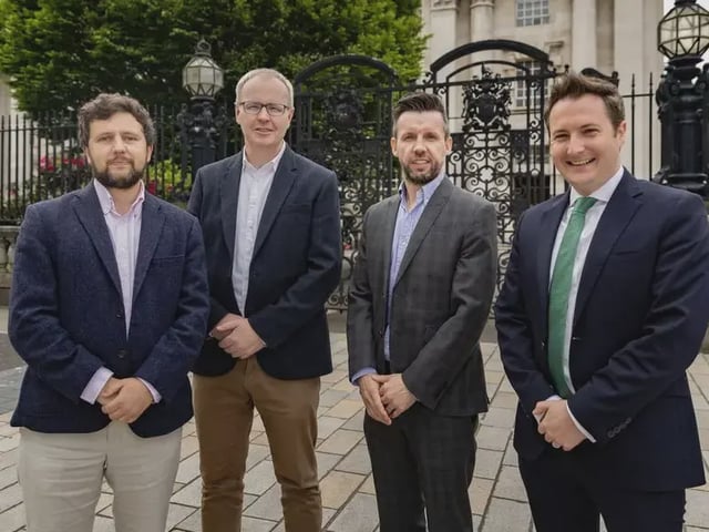Belfast Telegraph/Sunday Independent Northern Ireland editor Sam McBride, Irish News assistant editor Aeneas Bonner, Belfast Telegraph deputy editor-in-chief Martin Breen and solicitor Fergal McGoldrick outside the High Court in Belfast on 31 May 2024. Picture: Kevin Scott