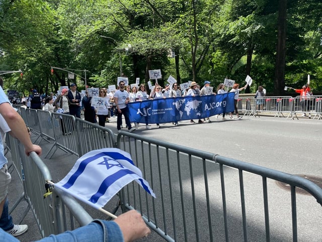 A delegation from the American Jewish Committee marches in the Celebrate Israel parade in New York City, June 4, 2023. (Philissa Cramer)