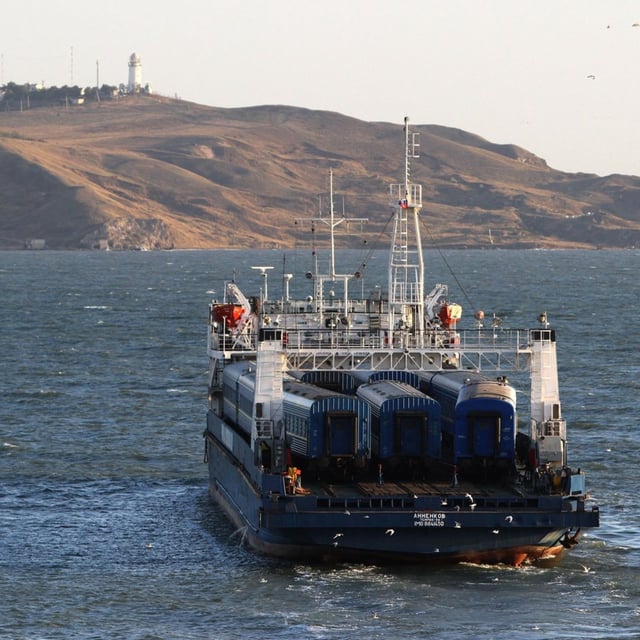 The train ferry carrying the 9-coaches Moscow-Simferopol train crosses the Kerch Strait from Port Caucasus (Kavkaz), Krasnodar region in southern Russia towards Port Crimea, Crimea peninsula, during its inauguration journey on August 3, 2014. Satellite imagery from Friday, published by the U.S.-backed Radio Free Europe/Radio Liberty outlet and attributed to U.S. company Planet Labs, appears to show damage to an oil terminal at Russia's Kavkaz port, part of the country's Krasnodar region.