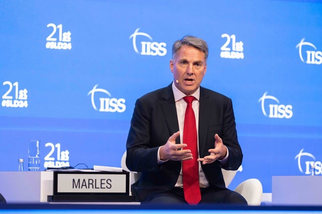 Australia’s Defence Minister Richard Marles during a plenary session at the Shanghai-La Dialogue Defence Summit in Singapore on Saturday. Photo: EPA-EFE/IISS