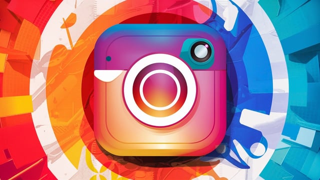 A vibrant and eye-catching illustration of the Instagram logo, featuring a multicolored camera overlaid on a colorful, abstract background. The camera lens is shaped like a smiley face, and the surrounding colors include a mix of warm and cool tones. The overall design is playful, modern, and perfect for capturing attention on social media., illustration, vibrant