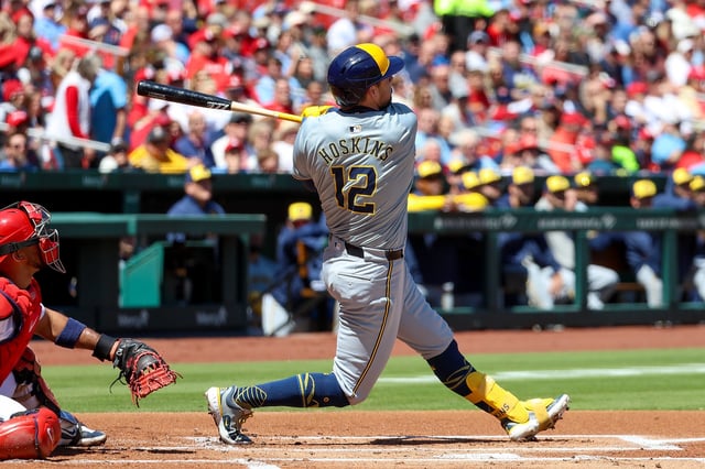 ST. LOUIS, MO - APRIL 20: Rhys Hoskins #12 of the Milwaukee Brewers hits a two-run home run during the first inning against the St. Louis Cardinals at Busch Stadium on April 20, 2024 in St. Louis, Missouri. (Photo by Scott Kane/Getty Images)