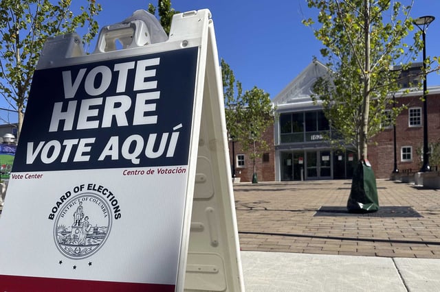 A sign for an early voting site at the Stead Park Recreation Center is photographed in northwest Washington, on May 29, 2024.
