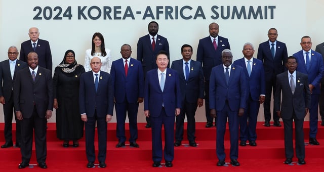 South Korean President Yoon Suk-yeol (centre, front row) poses with African leaders at the 2024 Korea-Africa Summit in Seoul on Tuesday. Photo: EPA-EFE/YONHAP