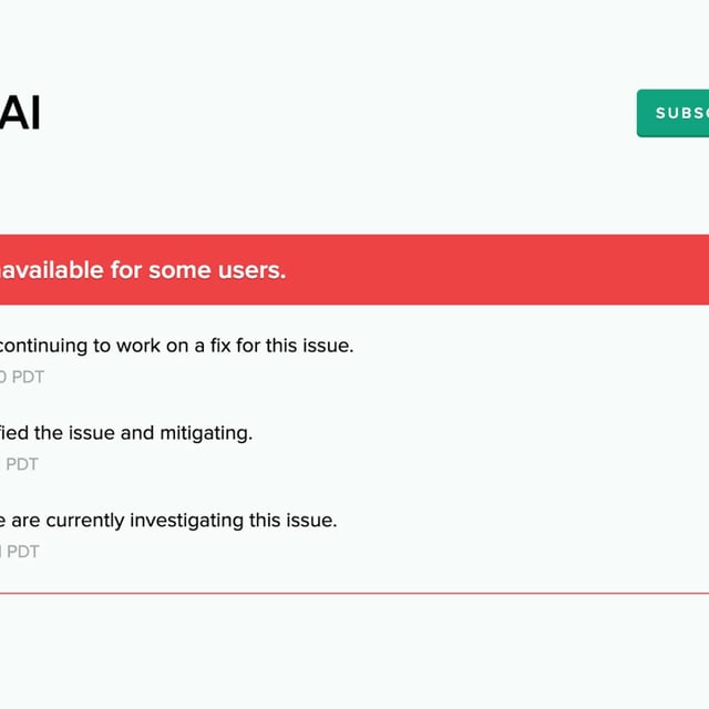 An OpenAI webpage shows some text confirming ChatGPT is currently unavailable for some users.