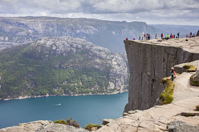 Preikestolen, Pulpit Rock, 600 meters over LyseFjord, Lyse Fjord, in Ryfylke district, Rogaland Region, It is the most popular hike in Stavanger area, Norway. (Lucas Vallecillos / VWPics via AP Images)