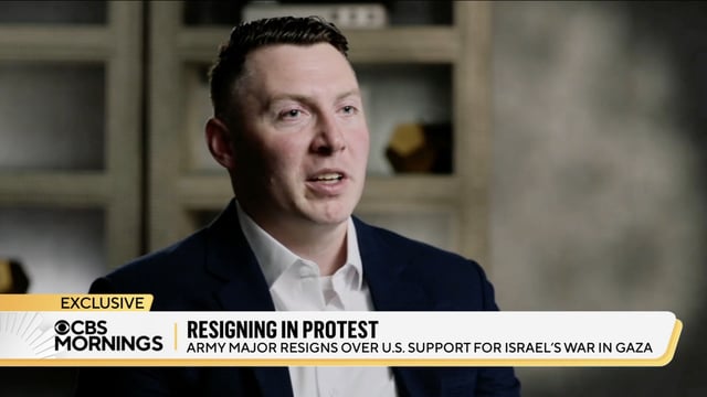 Harrison Call appeared on CBS News to discuss his resignation from the U.S. Army out of protest over Israel's war in Gaza. (Screenshot)