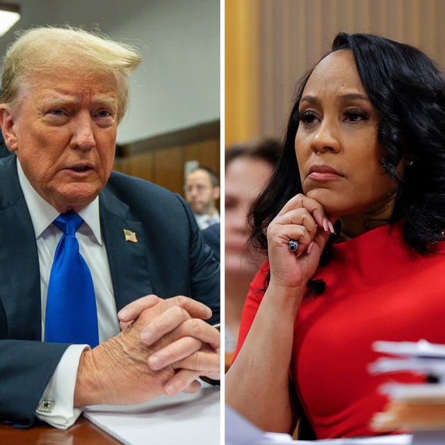 On the left, former President Donald Trump appears in court for his hush money trial at Manhattan Criminal Court on May 30, 2024, in New York City. On the right, Fulton County District Attorney Fani Willis looks on during a hearing in the case of the State of Georgia v. Donald John Trump at the Fulton County Courthouse on March 1, 2024, in Atlanta, Georgia. A Georgia state appeals court has halted all proceedings on Trump's Georgia election subversion case while it considers an effort to disqualify Willis.