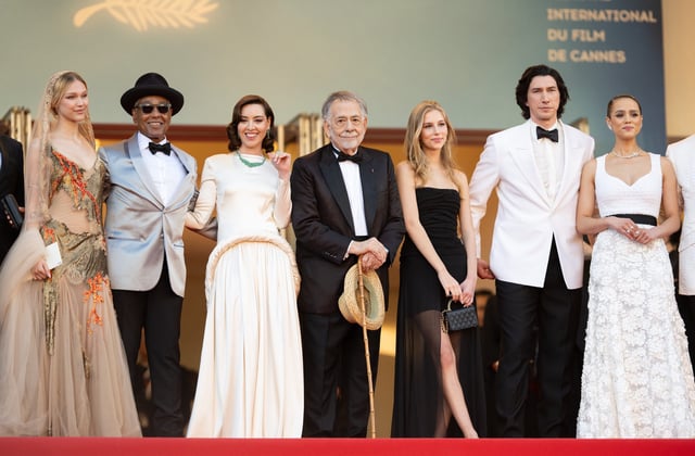 Grace VanderWaal, Giancarlo Esposito, Aubrey Plaza, Francis Ford Coppola, Romy Croquet Mars, Adam Driver, Nathalie Emmanuel attend the "Megalopolis" red carpet on May 16, 2024.
