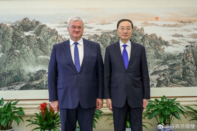 Sun Weidong and Andriy Sybiha met in Beijing on Wednesday. Photo: Weibo/ Ukrainian Embassy in Beijing