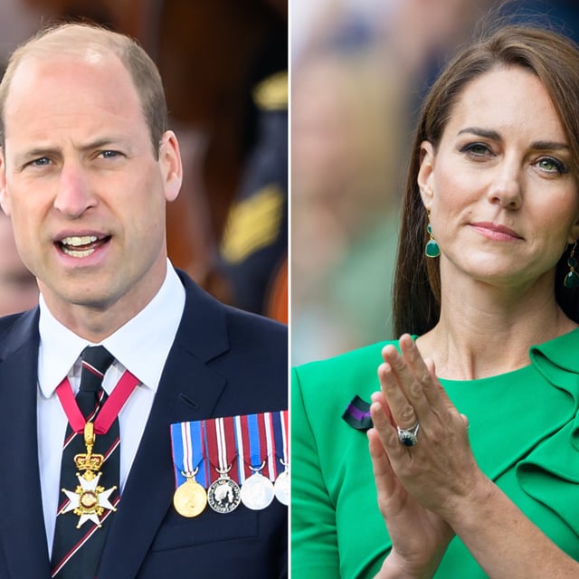 Prince William (L) photographed at a D-Day commemoration event in Portsmouth, England, June 5, 2024. And Princess Kate (R) photographed at the Wimbledon Tennis Championships in London, July 16, 2023. William attended a D-Day event in France where he met a royal who previously joked about his wife's photoshop scandal.