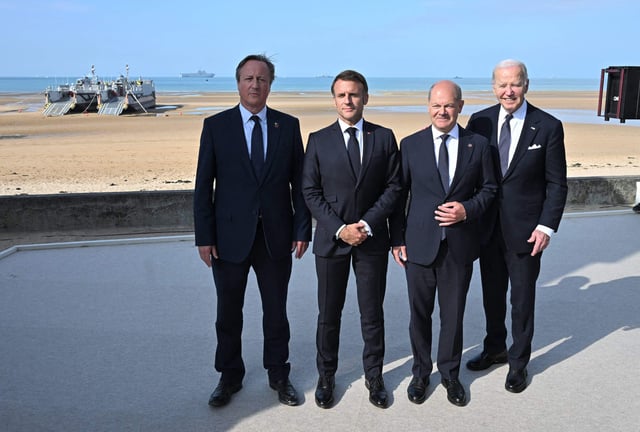 Spot the missing Prime Minister: David Cameron stands in for Rishi Sunak, who left the D-Day commemorations early in order to take part in a TV interview. Photo: Abaca Press / Alamy
