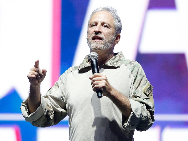 TAMPA, FLORIDA - JUNE 22: Jon Stewart speaks on stage during the opening ceremony of the 2019 Warrior Games at Amalie Arena on June 22, 2019 in Tampa, Florida. (Photo by Michael Reaves/Getty Images)