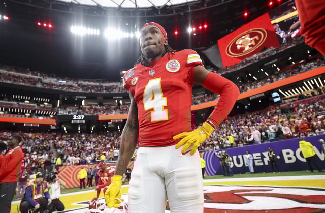 Rashee Rice #4 of the Kansas City Chiefs prior to Super Bowl LVIII against the San Francisco 49ers at Allegiant Stadium on Feb. 11, 2024 in Las Vegas, NV. 