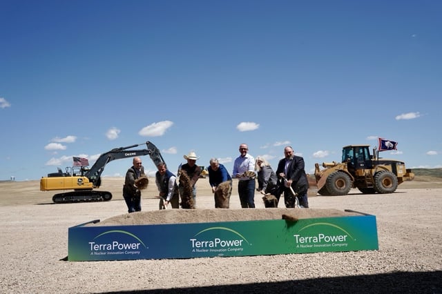 TerraPower leaders and elected officials celebrated the start of construction of a nuclear reactor facility in Wyoming on June 10, 2024. Bill Gates, in blue, is the founder and chairman of the company. (TerraPower Photo)