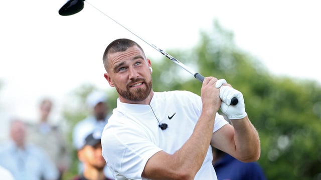 Travis Kelce plays a shot during Capital One's The Match VIII - Curry & Thompson vs. Mahomes & Kelce at Wynn Golf Club on June 29, 2023 in Las Vegas, Nevada.