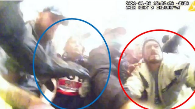 Tanya Bishop and Curtis Davis lunge at police during the Capitol riots on Jan. 6, 2021. He pleaded guilty Monday to a felony charge.