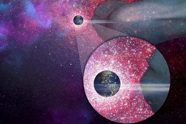 About two million years ago, the Solar System may have passed through a dense cloud of hydrogen and radioactive material. It compressed the heliosphere, the protective cocoon the Sun provides for Earth and the other planets. It's shown here as the dark gray bubble over the backdrop of interstellar space. This could have exposed Earth to high levels of radiation and influenced the climate, and possible human evolution. Photo courtesy of Opher, et al., Nature Astronomy