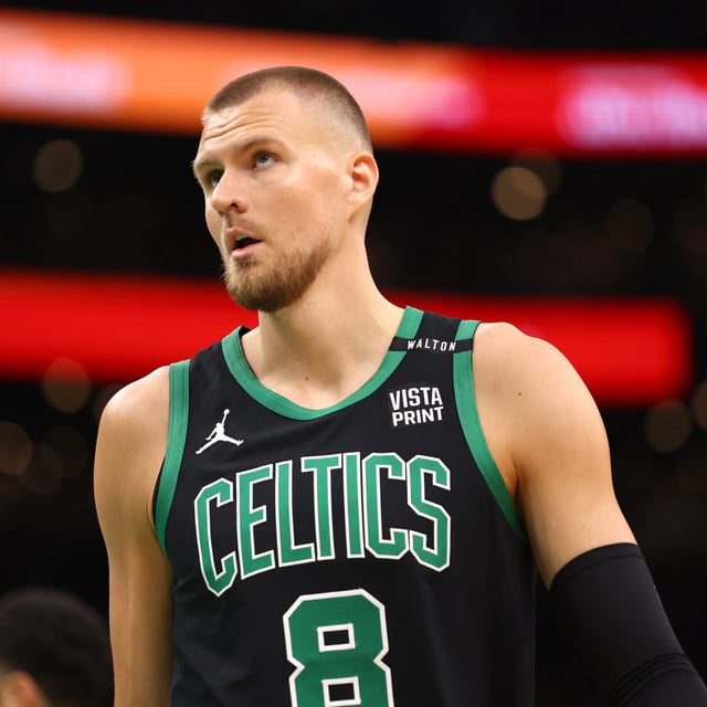BOSTON, MASSACHUSETTS - JUNE 09: Kristaps Porzingis #8 of the Boston Celtics looks on during the first quarter against the Dallas Mavericks in Game Two of the 2024 NBA Finals at TD Garden on June 09, 2024 in Boston, Massachusetts.
Porzingis has suffered a major injury in his leg.