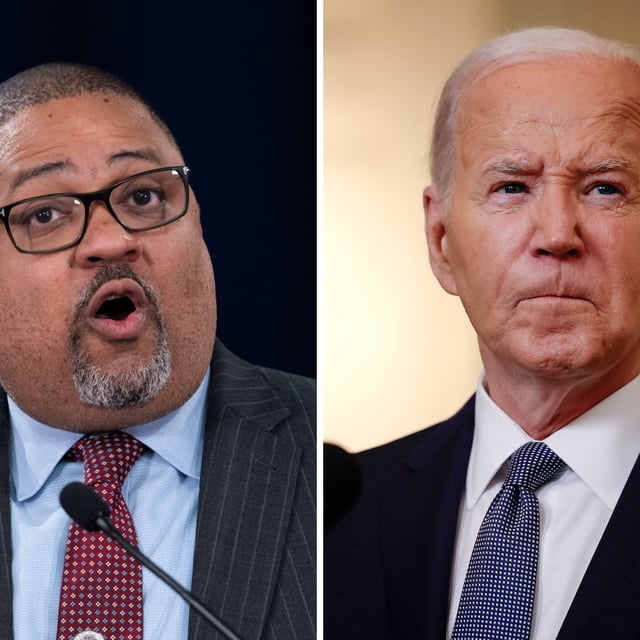From left, Manhattan District Attorney Alvin Bragg at a news conference on May 30, 2024, in New York City. President Joe Biden delivers remarks at the White House on May 31, 2024, in Washington, DC.