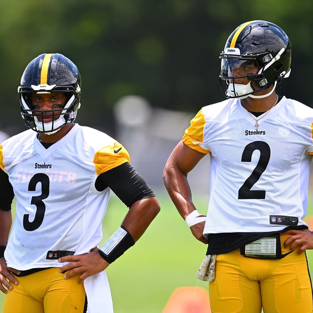 PITTSBURGH, PENNSYLVANIA - JUNE 6: Russell Wilson #3 looks on alongside Justin Fields #2 of the Pittsburgh Steelers during the Pittsburgh Steelers OTA offseason workout at UPMC Rooney Sports Complex on June 6 2024 in Pittsburgh, Pennsylvania.

Steelers quarterback battle is still very much alive.