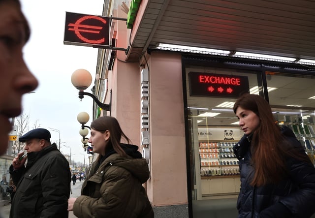 MOSCOW, RUSSIA - JANUARY 23: (RUSSIA OUT) People walk past the exchange office with the Euro sign on the facade, on January 23, 2023 in Moscow, Russia. Russia's economy is beginning to feel the weight of Western sanctions, following the start of the war against Ukraine. (Photo by Contributor/Getty Images)