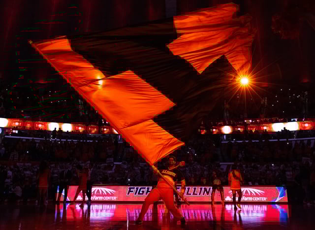 CHAMPAIGN, IL - MARCH 02: An Illinois Fighting Illini cheerleader is seen during the game against the Michigan Wolverines at State Farm Center on March 2, 2023 in Champaign, Illinois. (Photo by Michael Hickey/Getty Images)