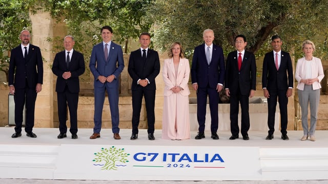 The leaders of the G7 countries stand for a group photo at the annual summit, June 13, 2024, in Borgo Egnazia, Italy (AP photo by Alex Brandon).