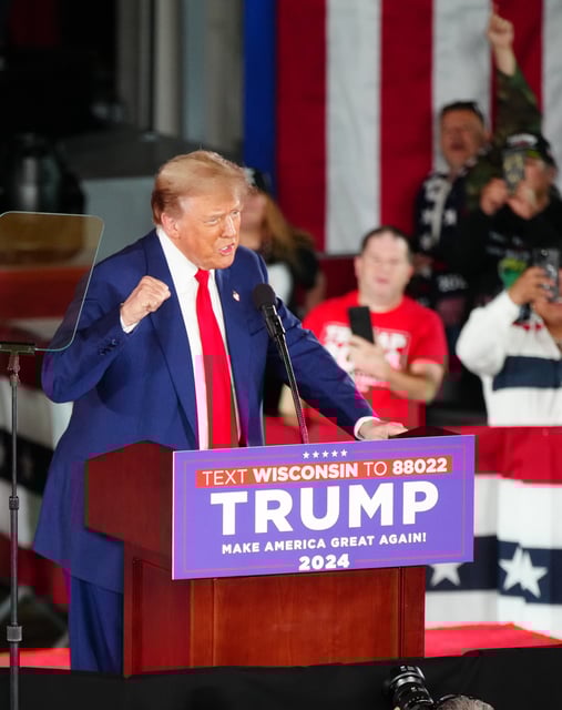 Donald Trump fires up the crowd during a campaign rally on Wednesday, May 1, 2024 at the Waukesha County Expo Center in Waukesha, Wis.