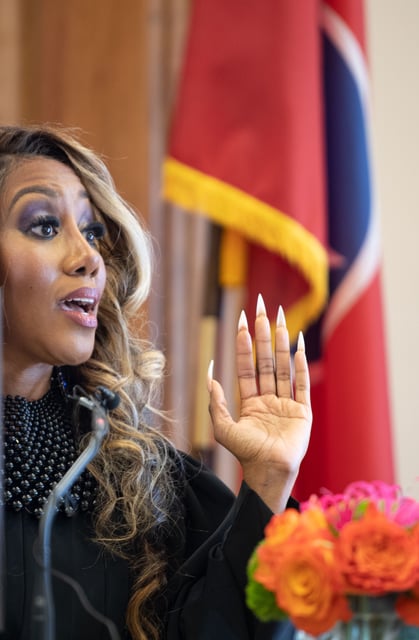 Chancellor I'Ashea Myles talks to attorney Rick Hollow during the show cause hearing over the release of documents related to the Covenant School shooting at the Historic Metro Courthouse in Nashville, Tenn., Tuesday, April 16, 2024.