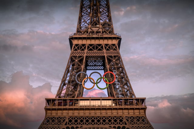The Olympic rings on the Eiffel Tower on June 12, 2024 in Paris.